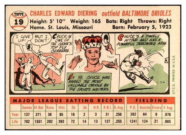 1956 Topps Baseball #019 Chuck Diering Orioles EX-MT White 535078