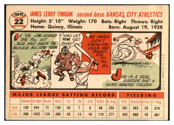 1956 Topps Baseball #022 Jim Finigan A's EX-MT White 535080