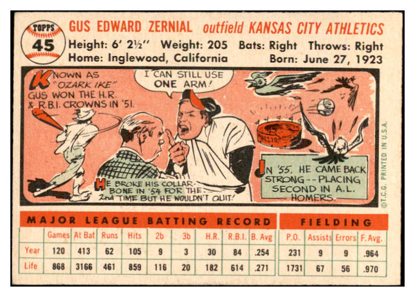 1956 Topps Baseball #045 Gus Zernial A's EX-MT White 535090
