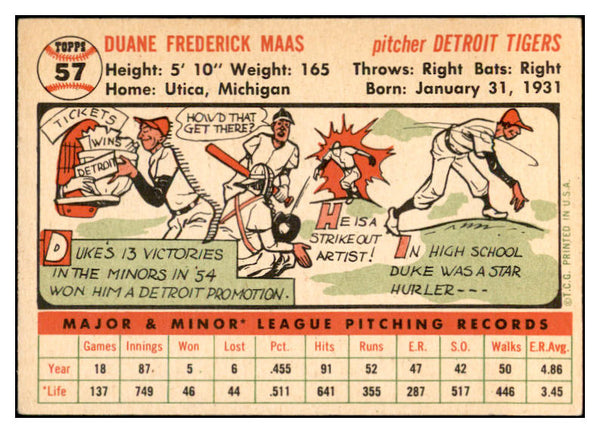 1956 Topps Baseball #057 Duke Maas Tigers EX-MT White 535100
