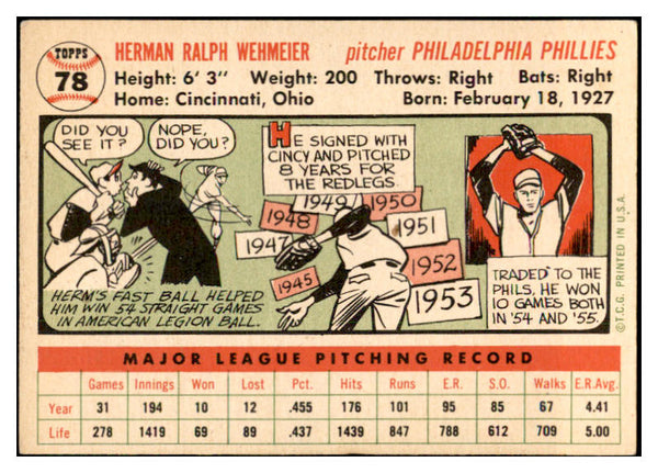 1956 Topps Baseball #078 Herman Wehmeier Phillies EX-MT White 535113