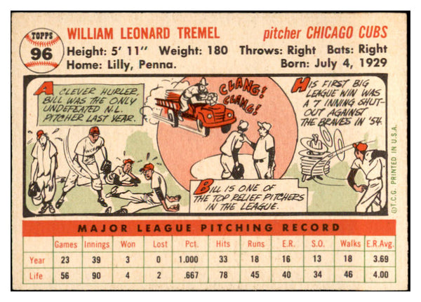 1956 Topps Baseball #096 Bill Tremel Cubs EX-MT White 535127