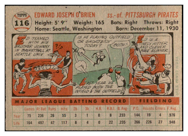 1956 Topps Baseball #116 Eddie O�Brien Pirates EX-MT Gray 535141