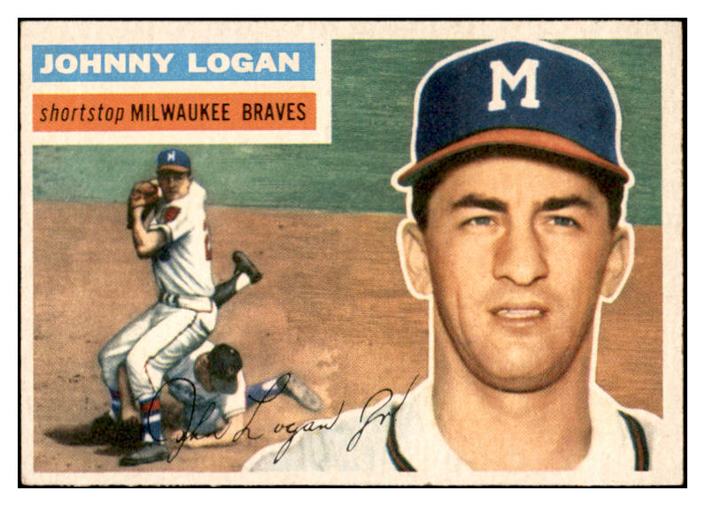 1956 Topps Baseball #136 Johnny Logan Braves EX-MT Gray 535161