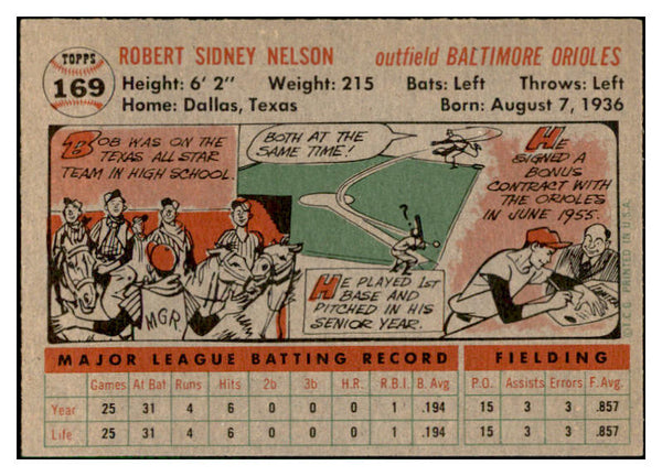 1956 Topps Baseball #169 Bob Nelson Orioles EX-MT Gray 535192
