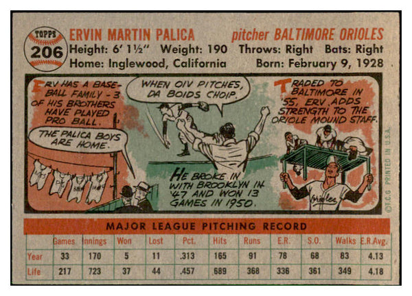 1956 Topps Baseball #206 Erv Palica Orioles EX-MT 535234