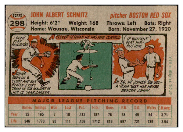 1956 Topps Baseball #298 Johnny Schmitz Red Sox EX-MT 535338