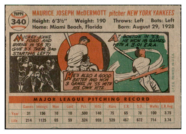 1956 Topps Baseball #340 Mickey McDermott Yankees EX-MT 535395