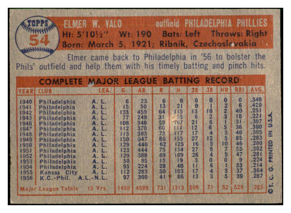 1957 Topps Baseball #054 Elmer Valo Phillies EX-MT 535411