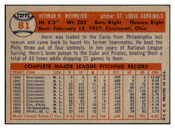 1957 Topps Baseball #081 Herm Wehmeier Cardinals EX-MT 535426