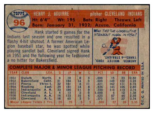 1957 Topps Baseball #096 Hank Aguirre Indians EX-MT 535429