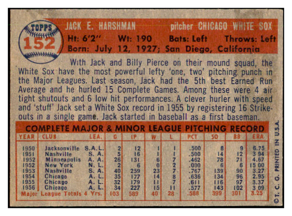 1957 Topps Baseball #152 Jack Harshman White Sox EX-MT 535451