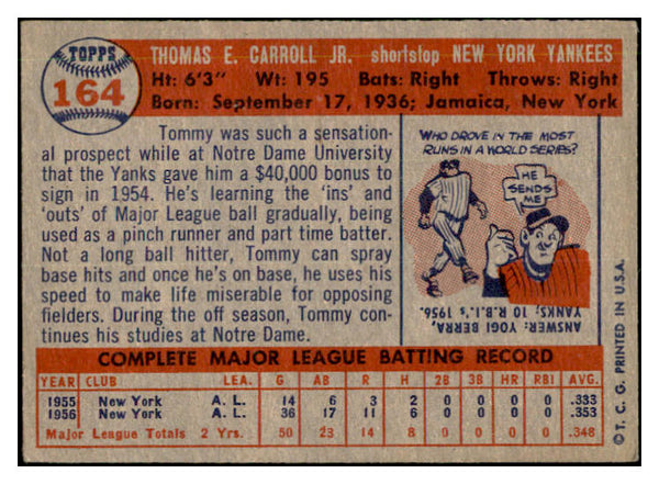 1957 Topps Baseball #164 Tommy Carroll Yankees EX-MT 535458