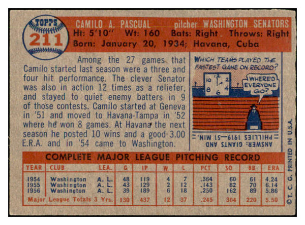 1957 Topps Baseball #211 Camilo Pascual Senators EX-MT 535477