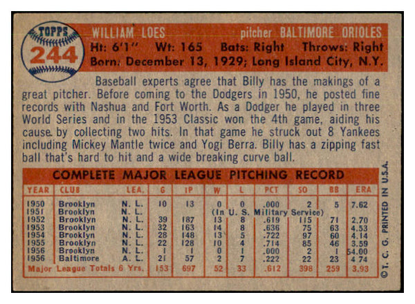1957 Topps Baseball #244 Billy Loes Orioles EX-MT 535494