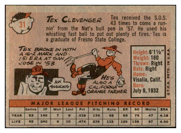 1958 Topps Baseball #031 Tex Clevenger Senators EX-MT 535561