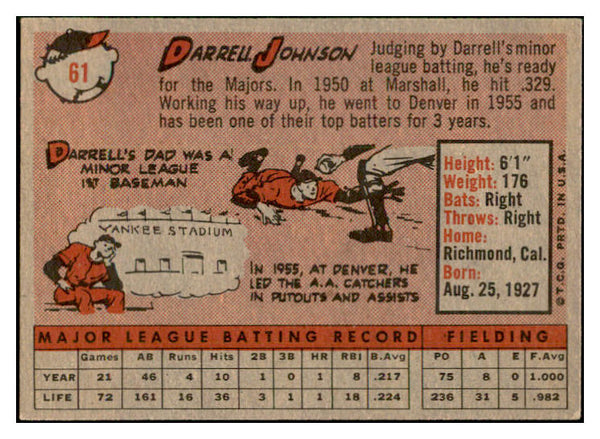 1958 Topps Baseball #061 Darrell Johnson Yankees EX-MT 535596