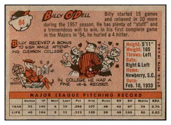1958 Topps Baseball #084 Billy O'Dell Orioles EX-MT 535625