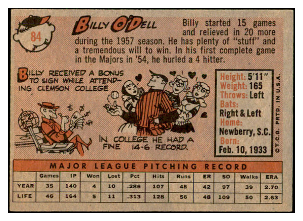 1958 Topps Baseball #084 Billy O'Dell Orioles EX-MT 535626