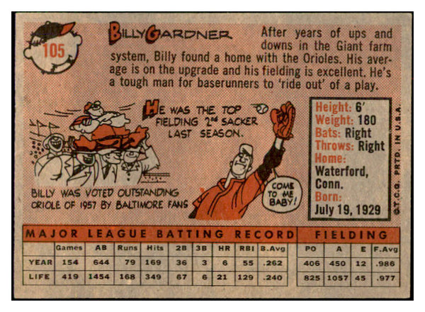 1958 Topps Baseball #105 Billy Gardner Orioles EX-MT 535646