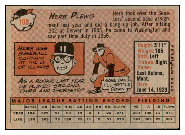 1958 Topps Baseball #109 Herb Plews Senators EX-MT 535651