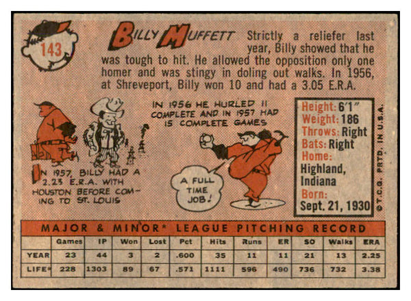 1958 Topps Baseball #143 Billy Muffett Cardinals EX-MT 535692