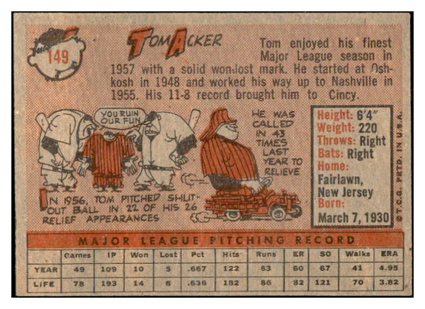 1958 Topps Baseball #149 Tom Acker Reds EX-MT 535698