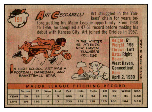 1958 Topps Baseball #191 Art Ceccarelli Orioles EX-MT 535752