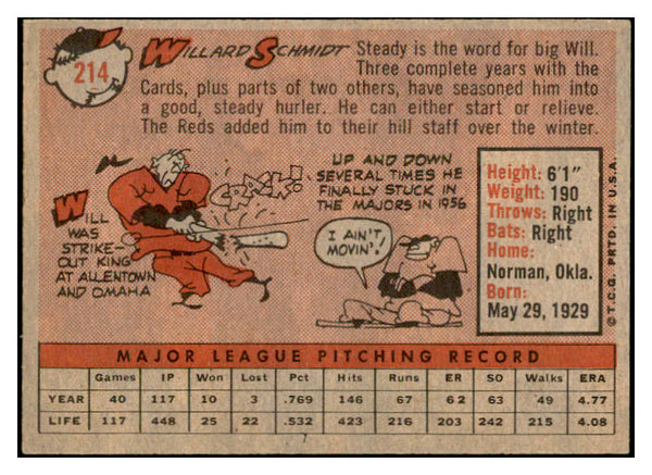 1958 Topps Baseball #214 Willard Schmidt Reds EX-MT 535785