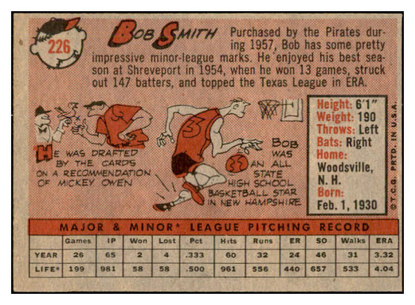 1958 Topps Baseball #226 Bob Smith Pirates EX-MT 535801