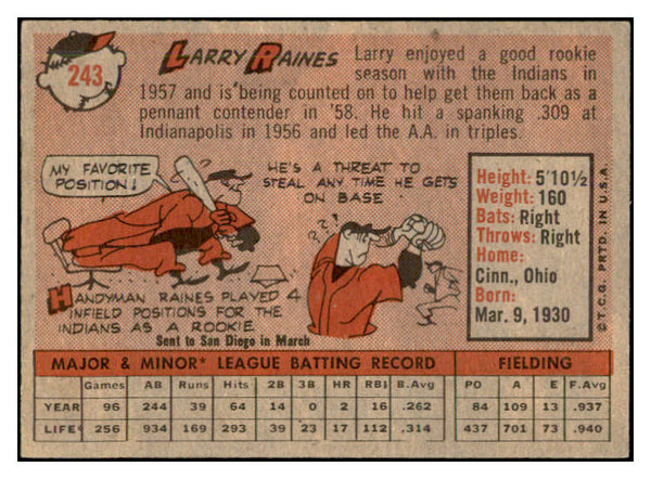 1958 Topps Baseball #243 Larry Raines Indians EX-MT 535827