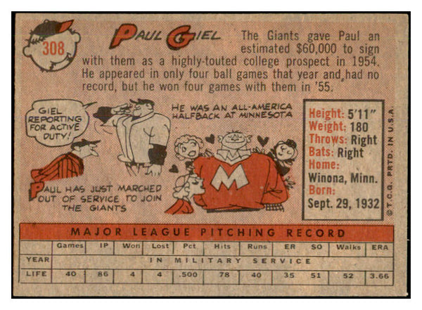 1958 Topps Baseball #308 Paul Giel Giants EX-MT 535903