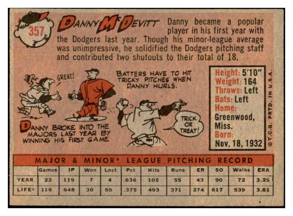 1958 Topps Baseball #357 Danny McDevitt Dodgers EX-MT 535955