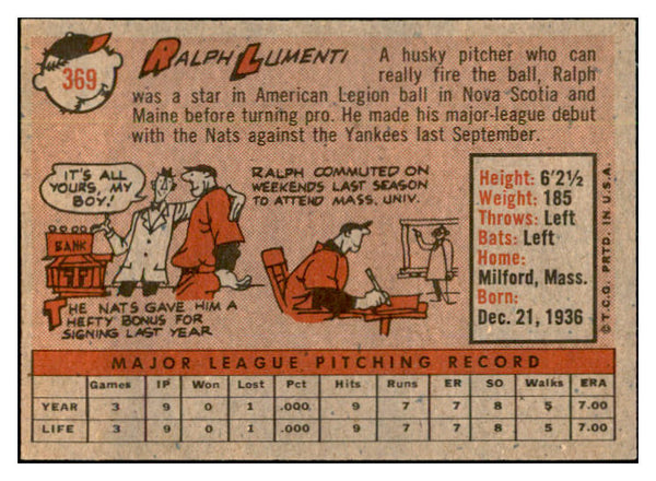 1958 Topps Baseball #369 Ralph Lumenti Senators EX-MT 535972