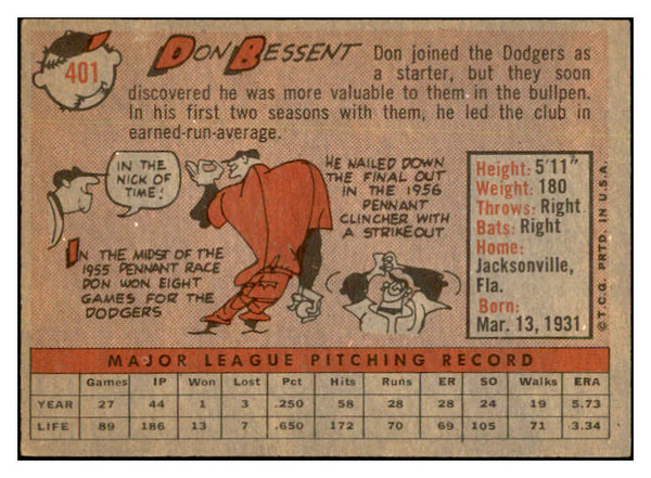 1958 Topps Baseball #401 Don Bessent Dodgers EX-MT 536011
