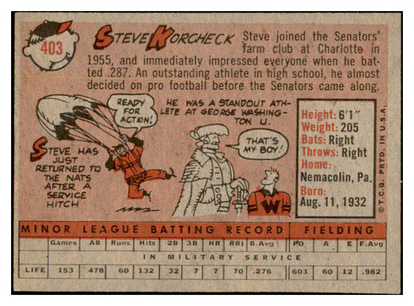 1958 Topps Baseball #403 Steve Korcheck Senators EX-MT 536014