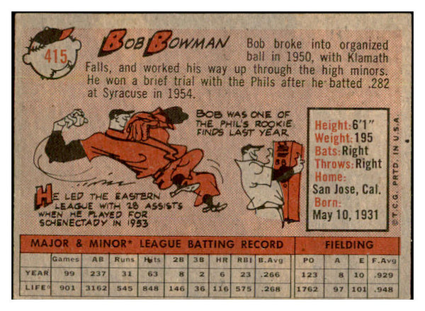 1958 Topps Baseball #415 Bob Bowman Phillies EX-MT 536035