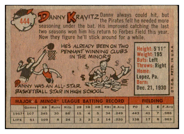 1958 Topps Baseball #444 Danny Kravitz Pirates EX-MT 536063