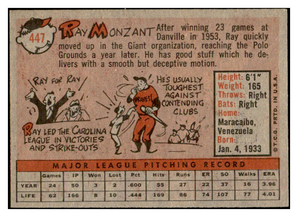 1958 Topps Baseball #447 Ray Monzant Giants EX-MT 536066