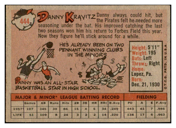 1958 Topps Baseball #444 Danny Kravitz Pirates EX-MT 536067