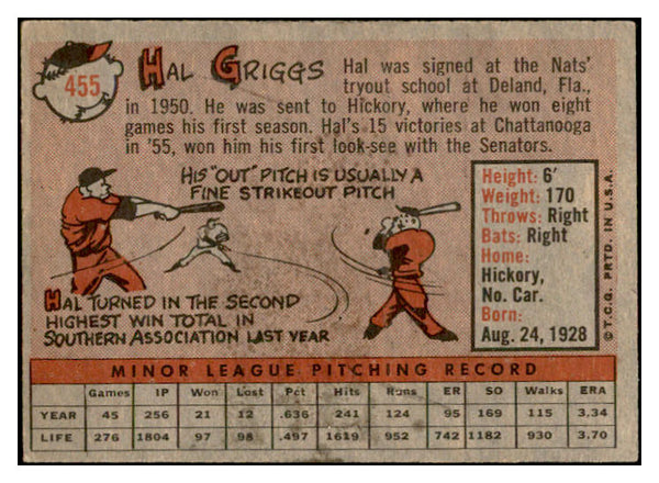1958 Topps Baseball #455 Hal Griggs Senators EX-MT 536077
