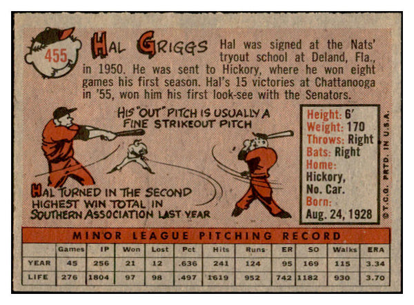 1958 Topps Baseball #455 Hal Griggs Senators EX-MT 536078