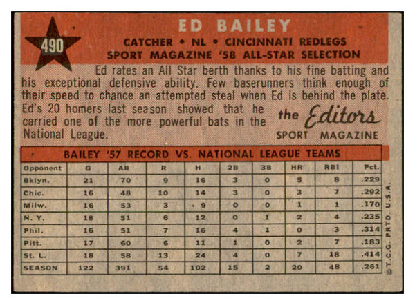 1958 Topps Baseball #490 Ed Bailey A.S. Reds EX-MT 536103