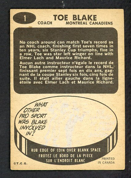 1965 Topps Hockey #001 Toe Blake Canadiens VG-EX 536308