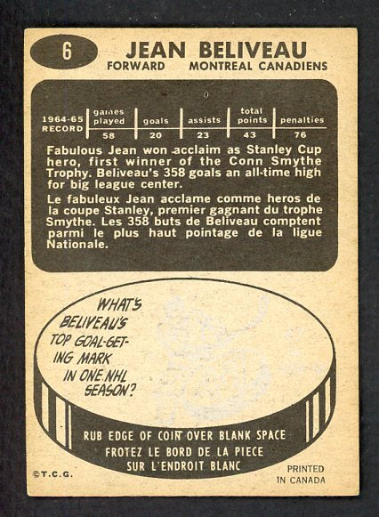 1965 Topps Hockey #006 Jean Beliveau Canadiens VG-EX 536310