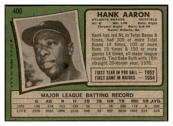 1971 Topps Baseball #400 Hank Aaron Braves VG-EX 536338