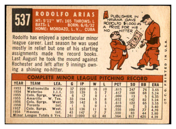 1959 Topps Baseball #537 Rodolfo Arias White Sox VG-EX 536384