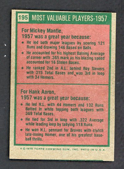 1975 Topps Mini Baseball #195 Mickey Mantle Hank Aaron EX 536440