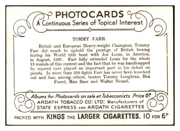 1937 Ardath Topical Interest Tommy Farr Boxer EX-MT 536447