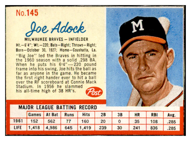 1962 Post Baseball #145 Joe Adcock Braves EX-MT Error 536462